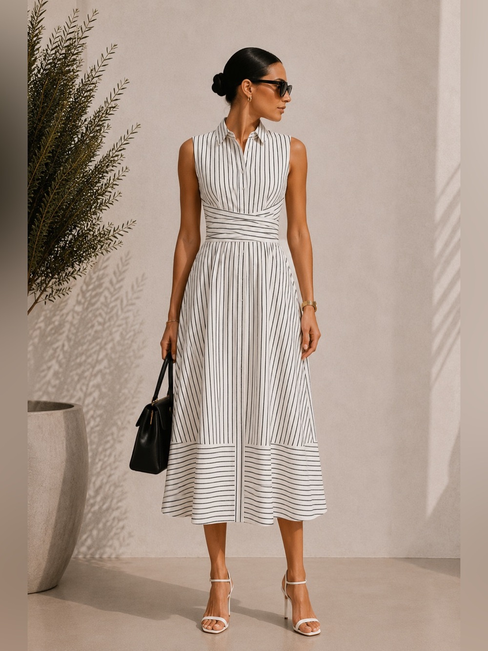 Commense White Striped Midi Dress